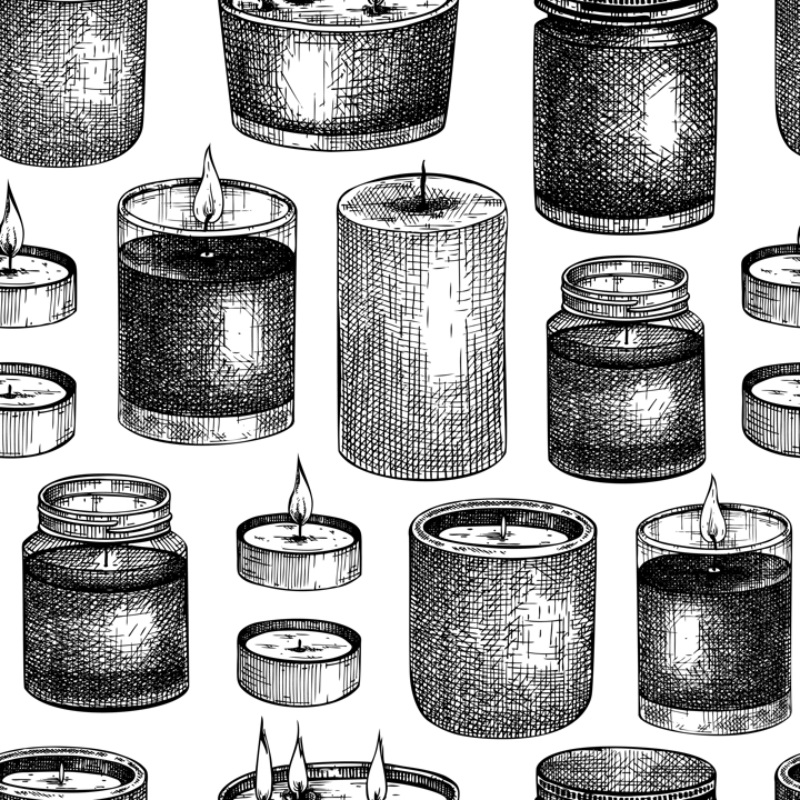 Hand-sketched aromatic candles backdrop. Vector seamless pattern with vintage jars and containers. Scented candles background for relaxing, aromatherapy, hobby, handcrafts, candle making.